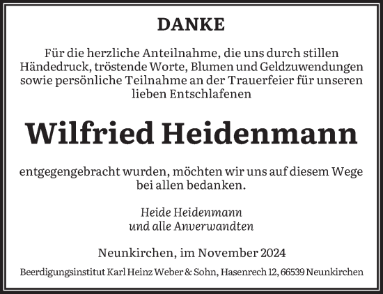 Traueranzeige von Wilfried Heidenmann von saarbruecker_zeitung