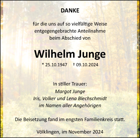 Traueranzeige von Wilhelm Junge von saarbruecker_zeitung