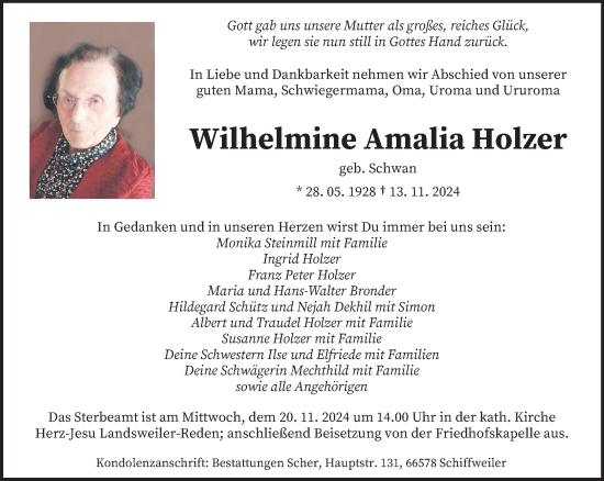 Traueranzeige von Wilhelmine Amalia Holzer von saarbruecker_zeitung