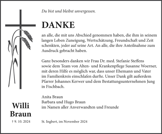 Traueranzeige von Willi Braun von saarbruecker_zeitung