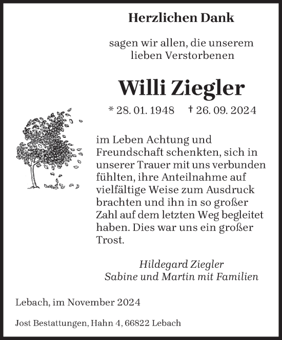 Traueranzeige von Willi Ziegler von saarbruecker_zeitung