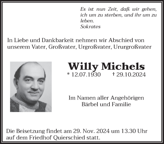 Traueranzeige von Willy Michels von saarbruecker_zeitung