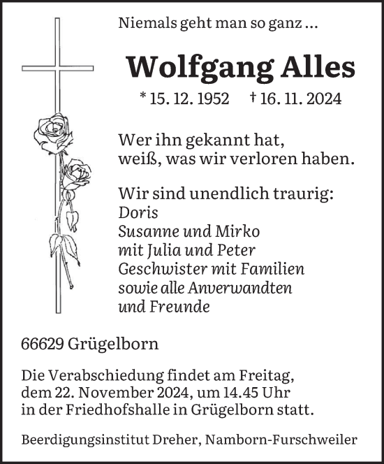 Traueranzeige von Wolfgang Alles von saarbruecker_zeitung