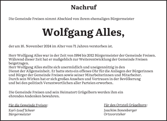 Traueranzeige von Wolfgang Alles von saarbruecker_zeitung