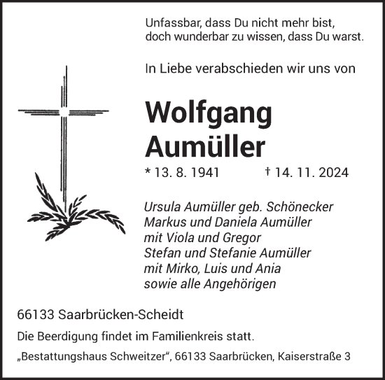 Traueranzeige von Wolfgang Aumüller von saarbruecker_zeitung