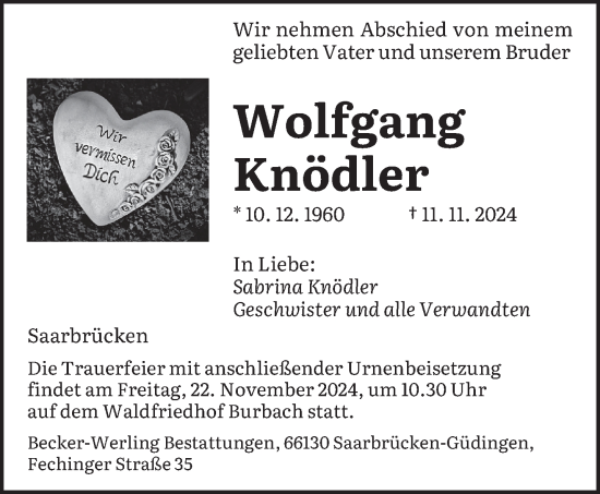 Traueranzeige von Wolfgang Knödler von saarbruecker_zeitung