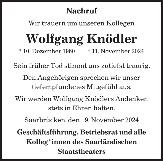 Traueranzeige von Wolfgang Knödler von saarbruecker_zeitung