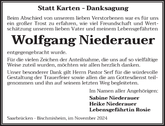 Traueranzeige von Wolfgang Niederauer von saarbruecker_zeitung