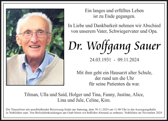 Traueranzeige von Wolfgang Sauer von saarbruecker_zeitung