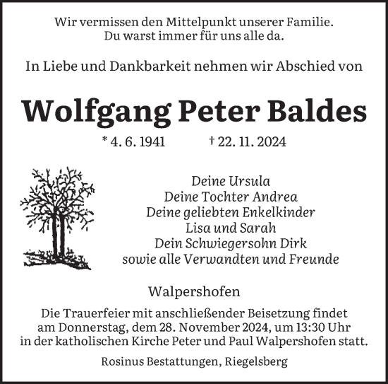 Traueranzeige von Wolfgang Peter Baldes von saarbruecker_zeitung