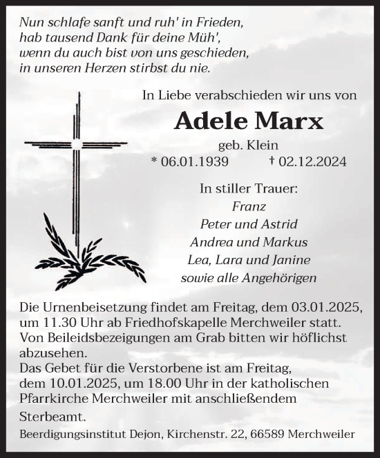 Traueranzeige von Adele Marx von saarbruecker_zeitung