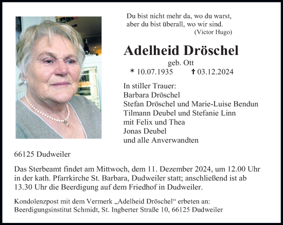 Traueranzeige von Adelheid Dröschel von saarbruecker_zeitung