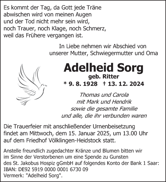 Traueranzeige von Adelheid Sorg von saarbruecker_zeitung