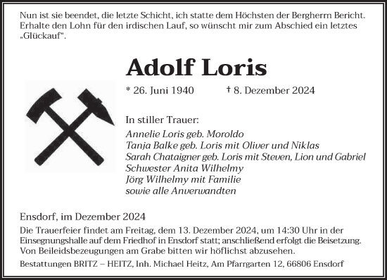 Traueranzeige von Adolf Loris von saarbruecker_zeitung