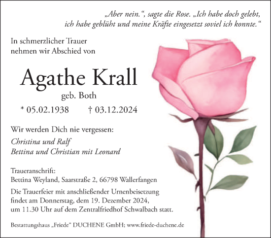 Traueranzeige von Agathe Krall von saarbruecker_zeitung