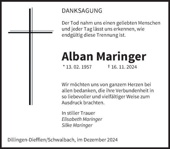 Traueranzeige von Alban Maringer von saarbruecker_zeitung