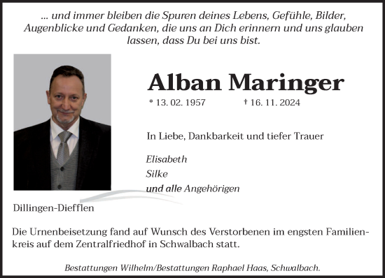 Traueranzeige von Alban Maringer von saarbruecker_zeitung