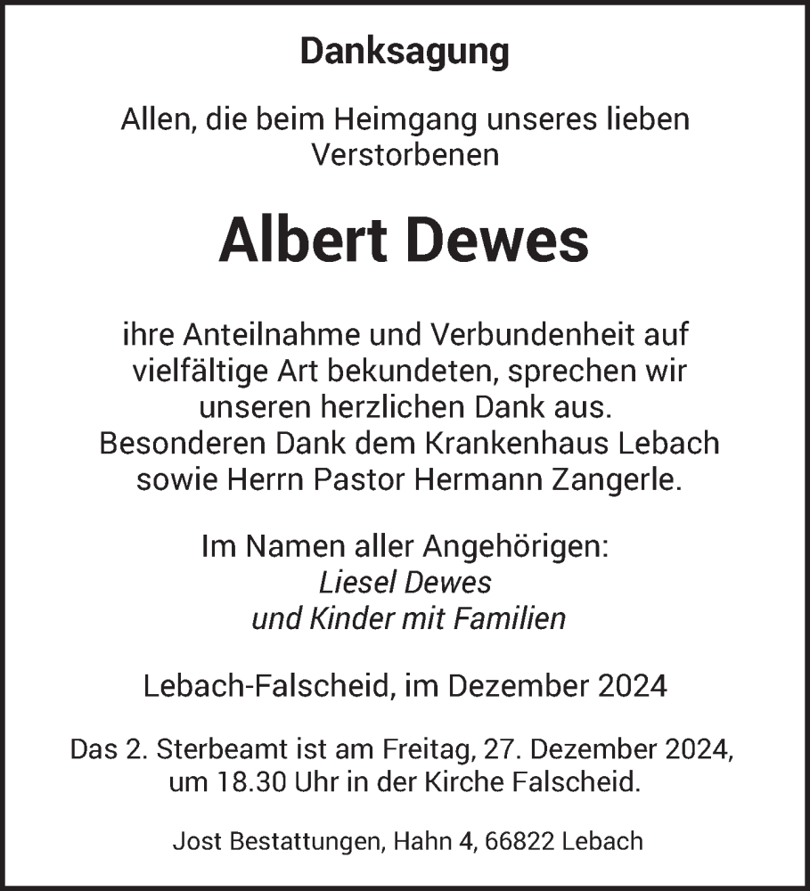  Traueranzeige für Albert Dewes vom 21.12.2024 aus saarbruecker_zeitung