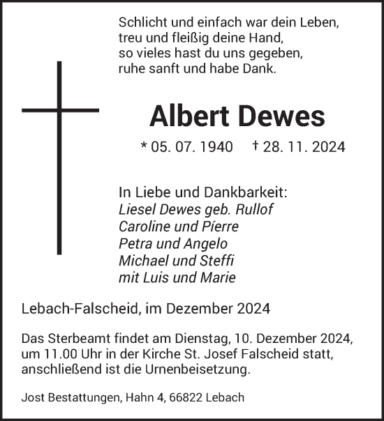 Traueranzeige von Albert Dewes von saarbruecker_zeitung