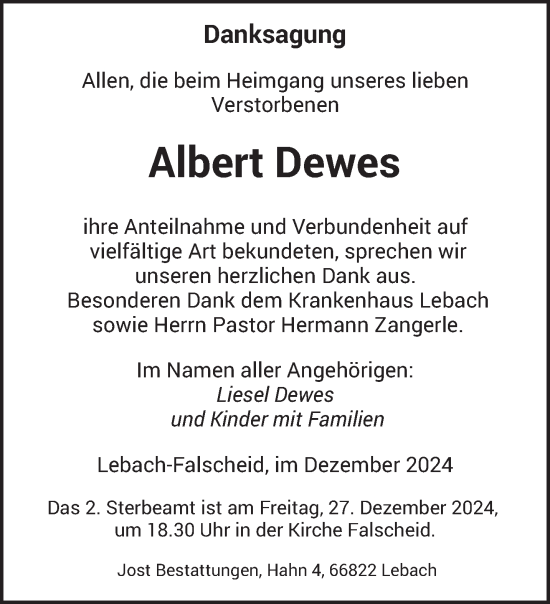 Traueranzeige von Albert Dewes von saarbruecker_zeitung