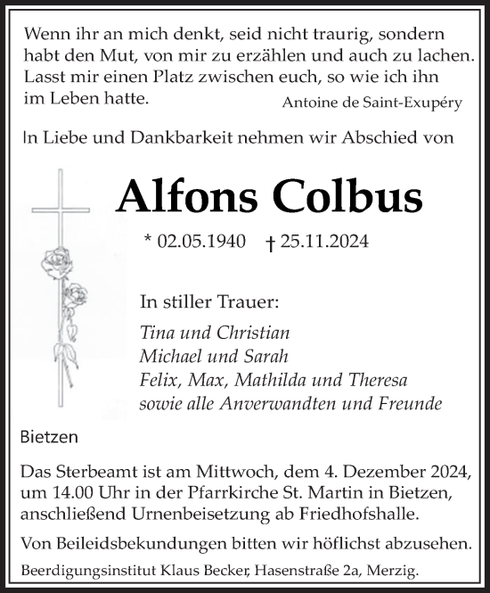 Traueranzeige von Alfons Colbus von saarbruecker_zeitung