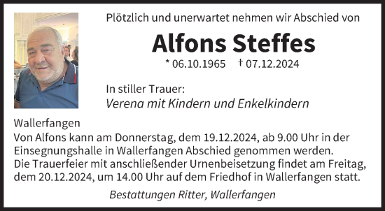 Traueranzeige von Alfons Steffes von saarbruecker_zeitung