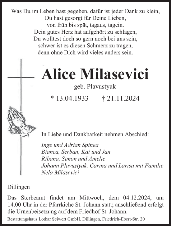 Traueranzeige von Alice Milasevici von saarbruecker_zeitung