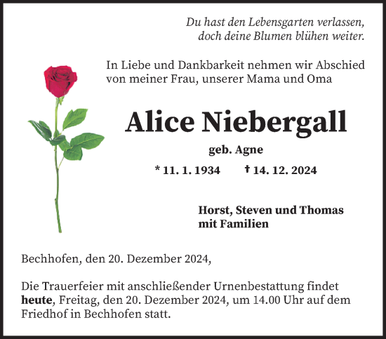 Traueranzeige von Alice Niebergall von saarbruecker_zeitung