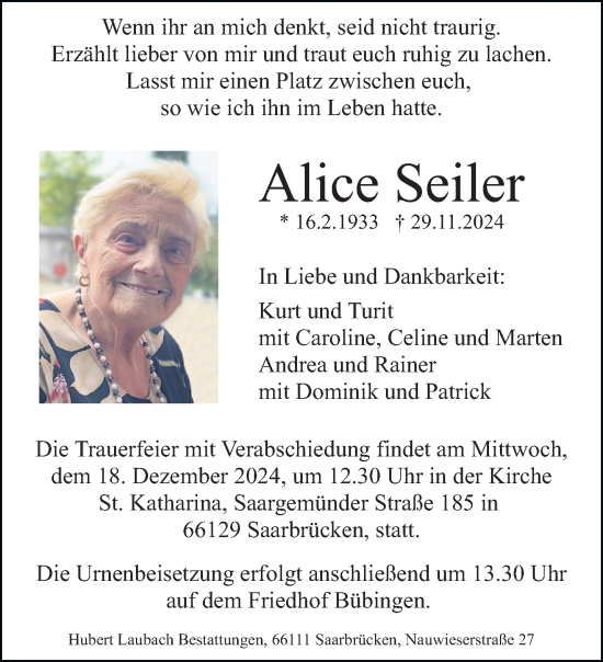 Traueranzeige von Alice Seiler von saarbruecker_zeitung