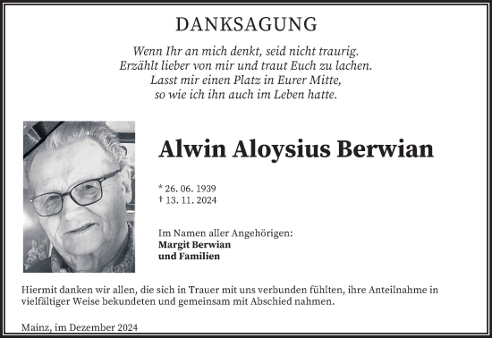 Traueranzeige von Alwin Aloysius Berwian von saarbruecker_zeitung