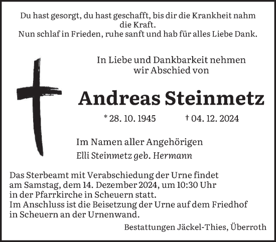 Traueranzeige von Andreas Steinmetz von saarbruecker_zeitung