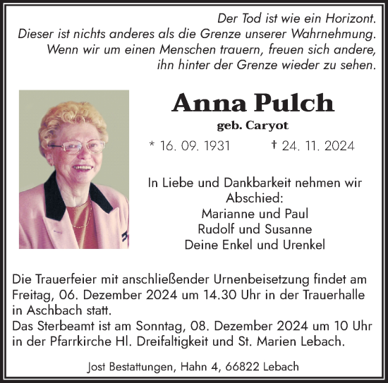 Traueranzeige von Anna Pulch von saarbruecker_zeitung