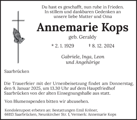 Traueranzeige von Annemarie Kops von saarbruecker_zeitung