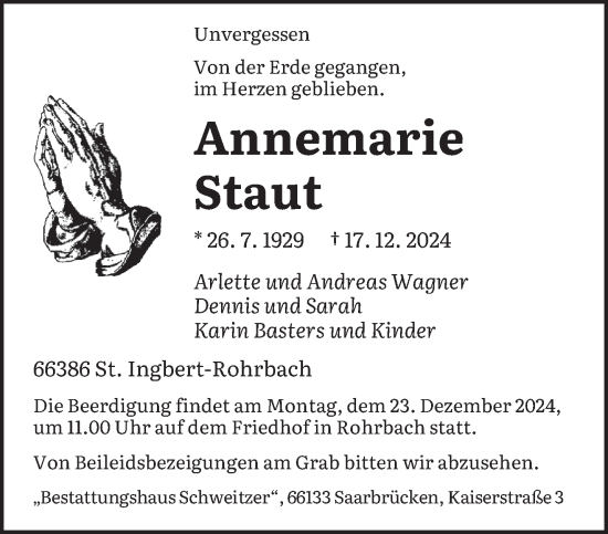 Traueranzeige von Annemarie Staut von saarbruecker_zeitung