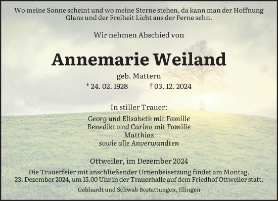 Traueranzeige von Annemarie Weiland von saarbruecker_zeitung