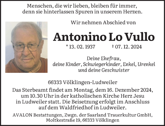 Traueranzeige von Antonino Lo Vullo von saarbruecker_zeitung