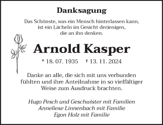 Traueranzeige von Arnold Kasper von saarbruecker_zeitung