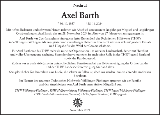 Traueranzeige von Axel Barth von saarbruecker_zeitung