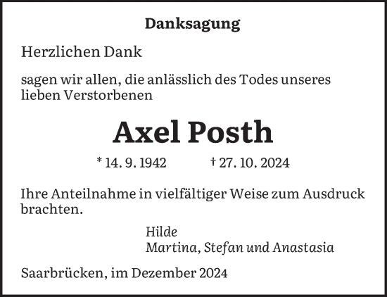 Traueranzeige von Axel Posth von saarbruecker_zeitung