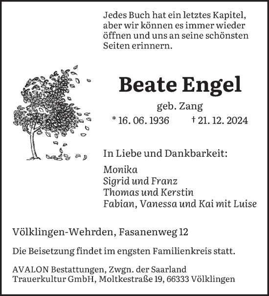 Traueranzeige von Beate Engel von saarbruecker_zeitung