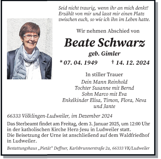 Traueranzeige von Beate Schwarz von saarbruecker_zeitung