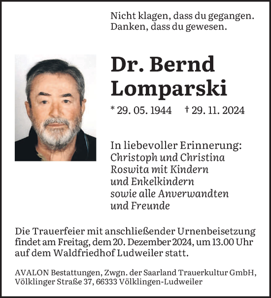 Traueranzeige von Bernd Lomparski von saarbruecker_zeitung