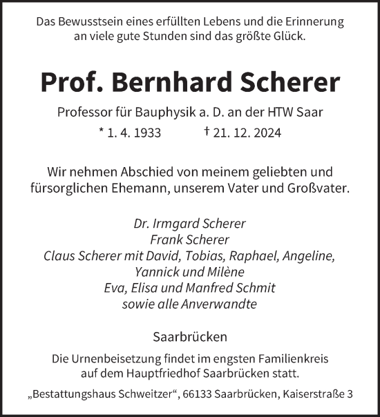 Traueranzeige von Bernhard Scherer von saarbruecker_zeitung