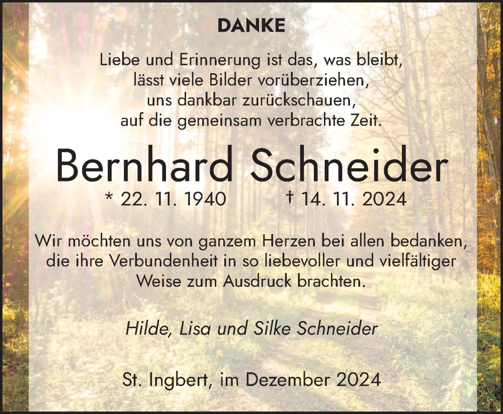  Traueranzeige für Bernhard Schneider vom 14.12.2024 aus saarbruecker_zeitung