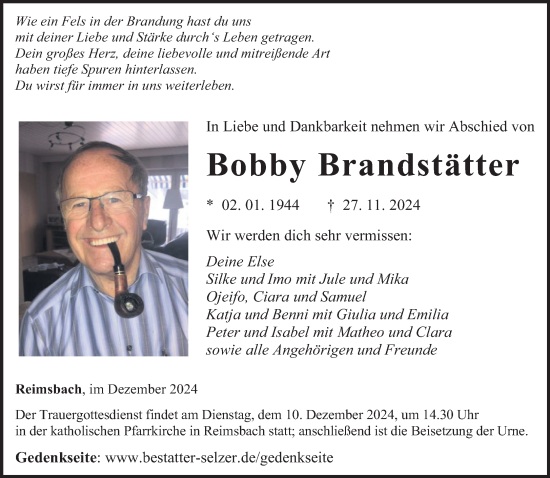 Traueranzeige von Bobby Brandstätter von saarbruecker_zeitung