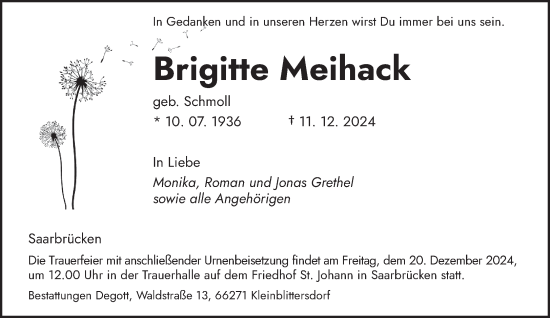 Traueranzeige von Brigitte Meihack von saarbruecker_zeitung