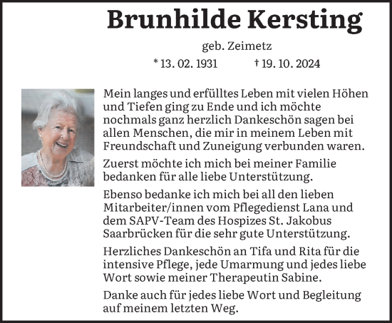 Traueranzeige von Brunhilde Kersting von saarbruecker_zeitung