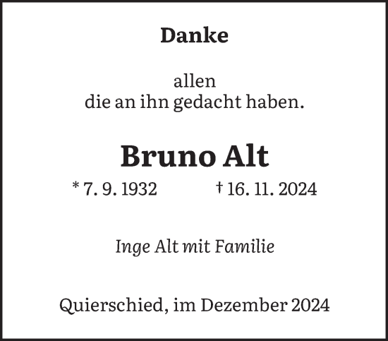 Traueranzeige von Bruno Alt von saarbruecker_zeitung