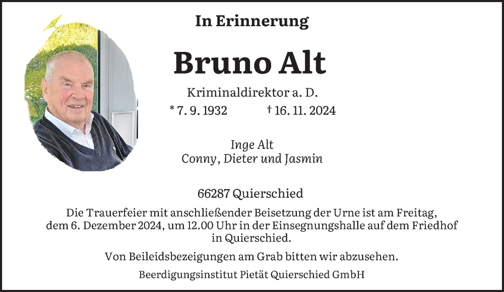  Traueranzeige für Bruno Alt vom 30.11.2024 aus saarbruecker_zeitung