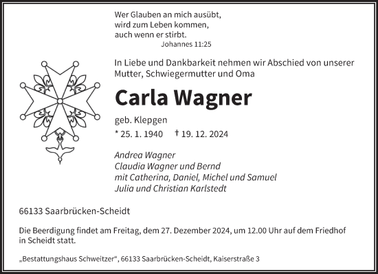 Traueranzeige von Carla Wagner von saarbruecker_zeitung